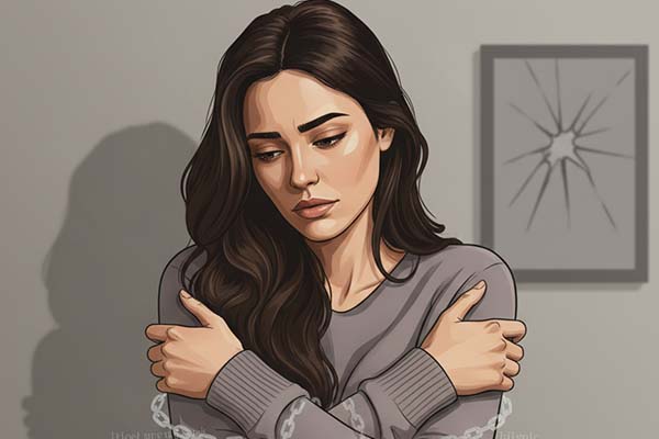 Mulher refletindo sobre violência psicológica